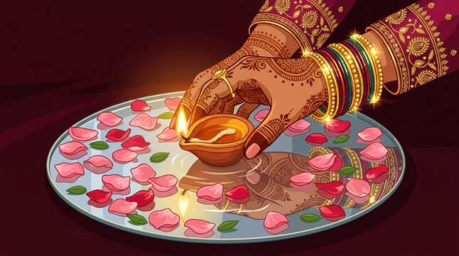 Indian woman hands placing glowing oil lamp on a decorative flower tray
