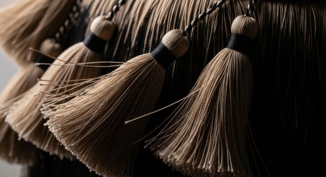 Elegant Beige Tassels with Dark Accent Detail Hanging in a Row Close up Macro Shot