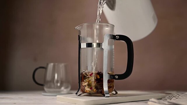 Brewing warm herbal tea with electric kettle, cozy autumnal scene
