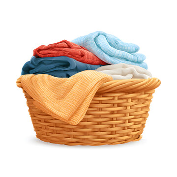 Woven Wicker Laundry Basket Filled with Folded Clothes Mockup Isolated on White Background 