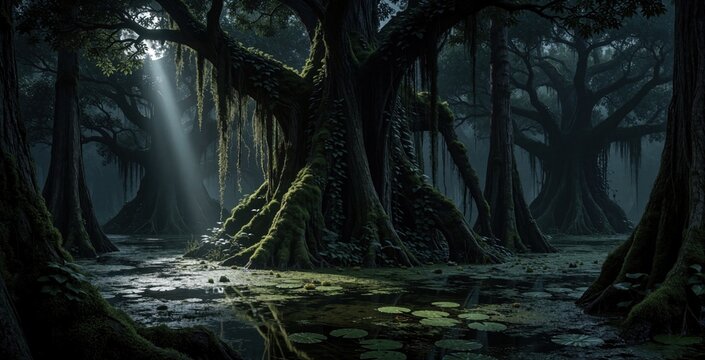 Ancient cypress trees form dark swamp cathedral over murky water. Moonbeams shine through thick canopy, hanging vines in eerie wetland. Mossy trunks, lily pads cover quiet bog landscape at night.