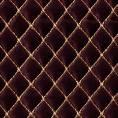 Fototapeta premium Seamless pattern burgundy velvet fabric featuring a luxurious quilted diamond pattern with golden rope details, emphasizing texture and opulence