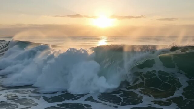 Slow motion tracking shot of breaking ocean waves rolling toward shore at sunrise