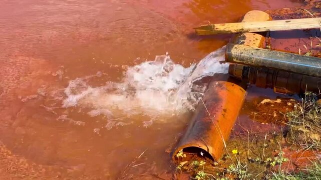 An old rusty tap from which an artificial lake is filled. Rusty sediment at the bottom of the lake. A pipe from which clean water flows. The faucet in the farmer's garden is open.