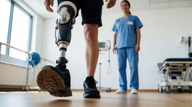 Man walks with modern bionic leg prosthesis in rehab clinic. Patient practices mobility exercises with physical therapist support. Person uses artificial limb for recovery, strength training in
