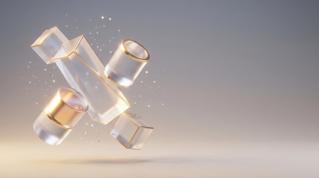 Abstract 3D geometric glass shapes with gold trim floating on grey backdrop for percentage sign
