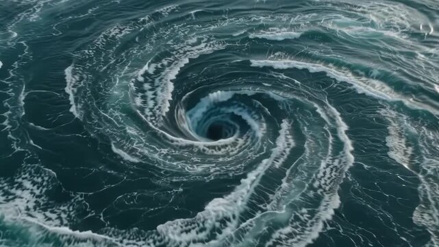 Aerial slow motion tracking zoom of ocean whirlpool vortex swirling and churning on open sea surface with visible foam patterns
