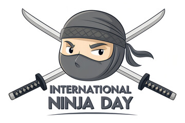 International ninja day greeting emblem with cartoon masked ninja warrior head and crossed samurai katana swords isolated on clean white background vector    © Stocks by Nasir