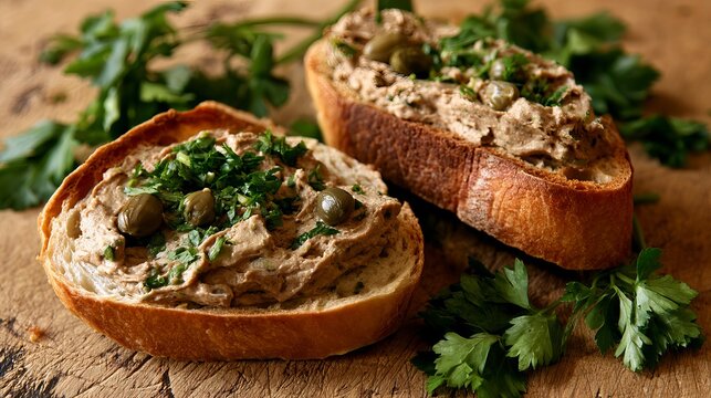 Rustic bread slices topped with savory pate and fresh herbs, displayed against a wooden backdrop, representing culinary delight