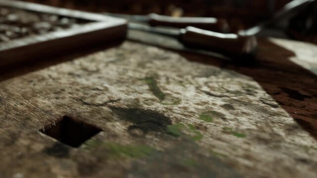 A close view of a worn wooden table in a cozy workshop, tools scattered about and traces of past projects visible. Soft light hints at the creative energy and dedication in the space.