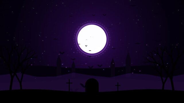 Spooky halloween night background, with full moon, flying bats, and, graveyard silhouette animation