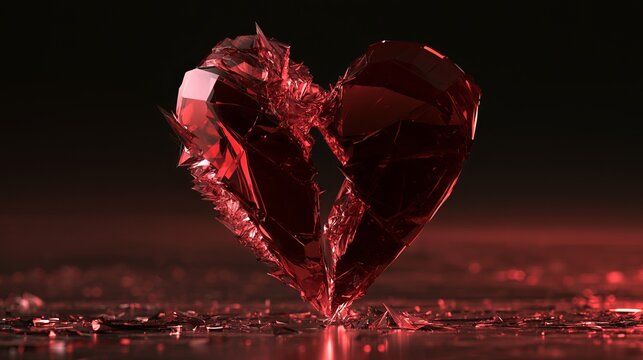 Radiant ruby heart composed of fractured crystal shards, displayed against a dark backdrop, representing love's fragility