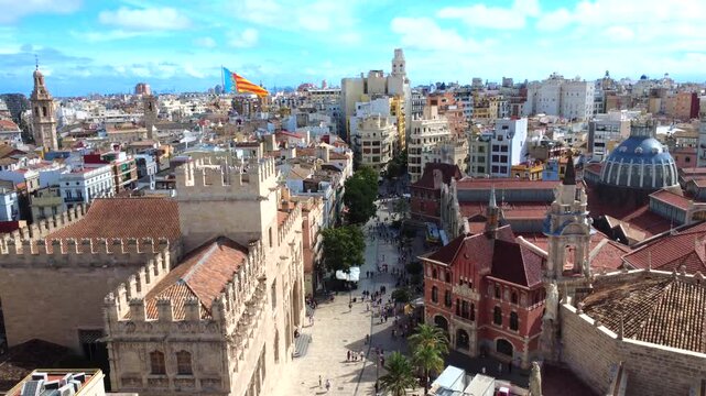 Valencia Spain Pl del Mercat Street Aerial Drone 4K