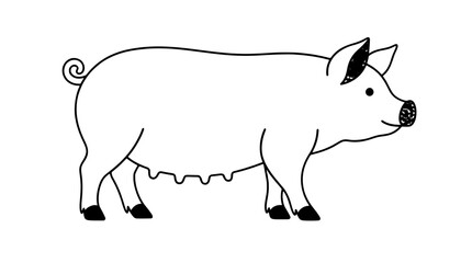 Obraz premium Color illustration of a domestic sow standing in right-facing profile with pink body visible teats curly tail upright ears snout and hooves outlined with medium black lines in centered portrayal