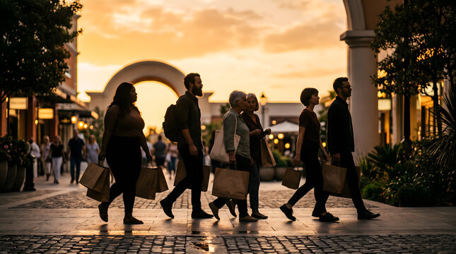 Silhouettes of Diverse Shoppers Walking With Shopping Bags at Outdoor Outlet Mall During Golden Hour Sunset