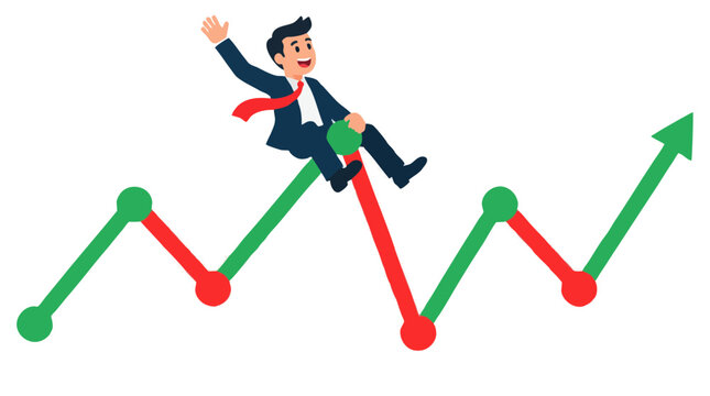 Happy businessman riding volatile stock market graph with green uptrend and red downtrend arrows, financial volatility investment risk trading growth success concept cartoon vector illustration