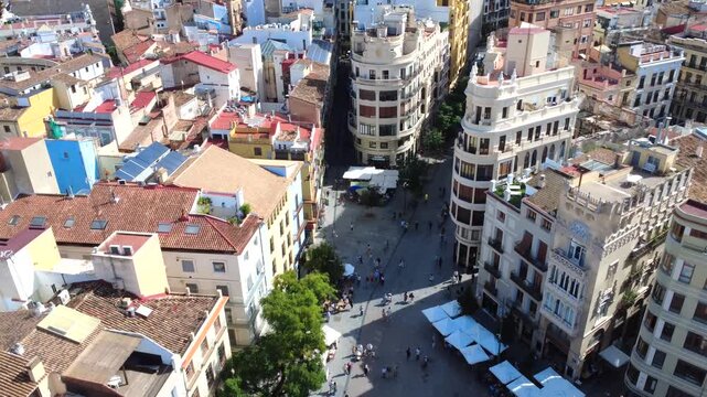 Valencia Spain Pl del Mercat Street Aerial Drone 4K