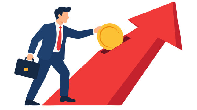Businessman in blue suit investing large gold coin into rising red arrow with coin slot symbolizing financial growth profit increase and business investment success strategy on white background