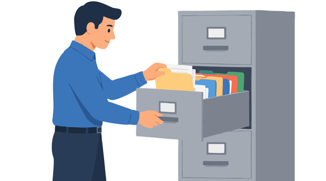 Smiling businessman in blue shirt opening gray filing cabinet drawer filled with colorful folders and documents, flat vector illustration of office file organization and records management concept