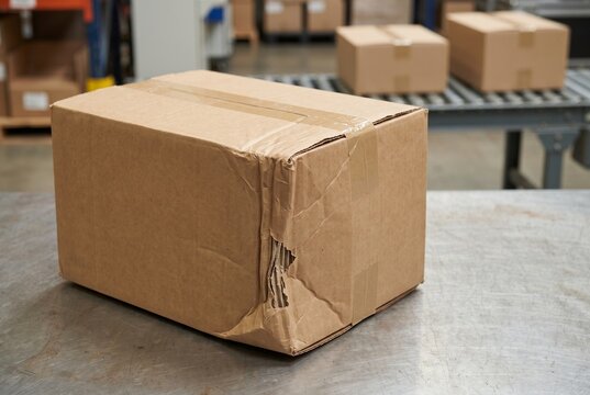 Shipping carton with crushed corner on logistics inspection table
