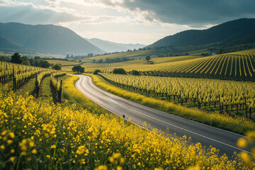 Naklejka premium Car drives on winding asphalt road through yellow vineyard field. Scenic landscape with rows of grapevines, green hills under cloudy sky. Rural countryside view during spring summer travel journey in