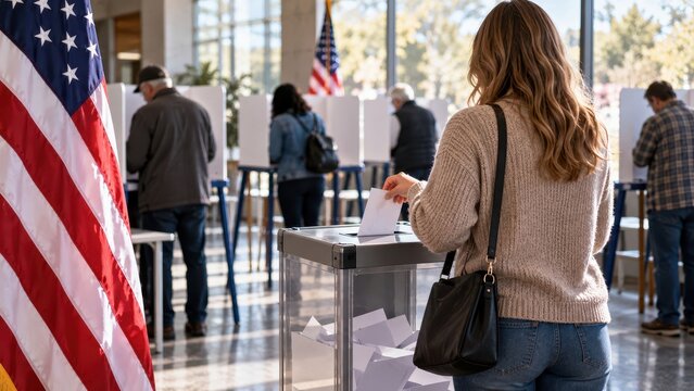 American Voter Casting Ballot at Polling Station During United States Election with Flags and Voting Booths