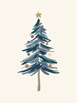 Simple painted Christmas tree with golden star on top. Soft brushstrokes create gentle, cozy holiday vibe. Pastel ornaments add charm without clutter. Ideal for greeting cards, festive backgrounds