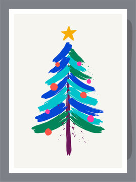 Vibrant abstract tree adorned with colorful ornaments and a star. Brushstrokes blend greens, blues, and purples for festive flair. Bright, joyful design evokes holiday cheer and creativity