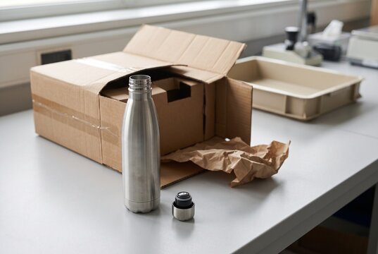 Returned stainless steel bottle beside opened shipping carton at inspection station