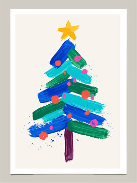 Bright star crowns a colorful, brush-stroked Christmas tree. Vibrant greens, blues, and pinks dot its cheerful branches. Red and pink ornaments add playful sparkle to the festive scene