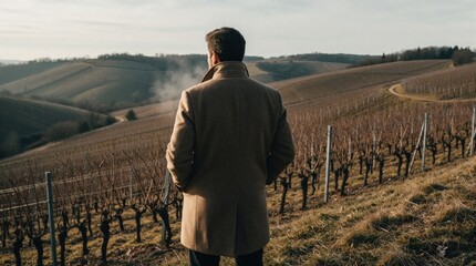 Naklejka premium Solitary man in beige winter coat stands on hillside looking at bare vineyards. Male person watches dormant grape vines in rural landscape during cold March morning. Visible breath in frosty air