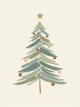 Soft watercolor Christmas tree with warm tones. Simple design with scattered red and peach ornaments. Golden star crowns the top with gentle charm