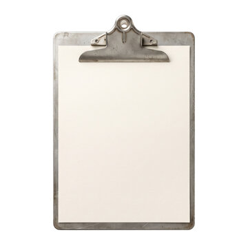 Vintage metal clipboard with blank paper sheet isolated on