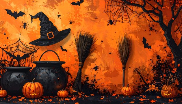 Escena de Halloween con caldero, sombrero de bruja y escobas