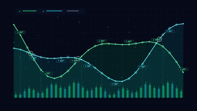 Futuristic financial market analytics graph with glowing neon lines and candlestick charts for trading