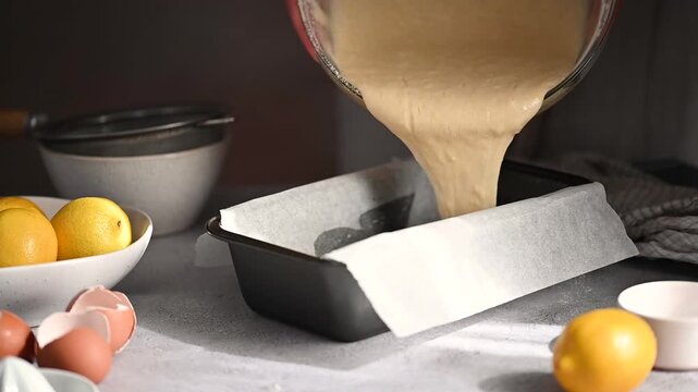 Pouring lemon cake batter into a loaf pan, home baking concept