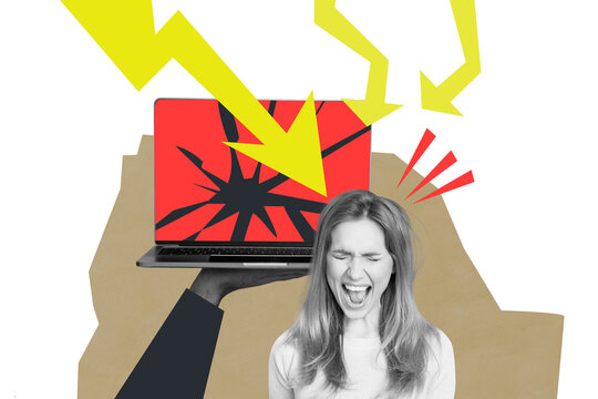 Composite trend artwork collage of&nbsp;office manager young lady scream laptop broken display arrow direction down trader money loss decrease
