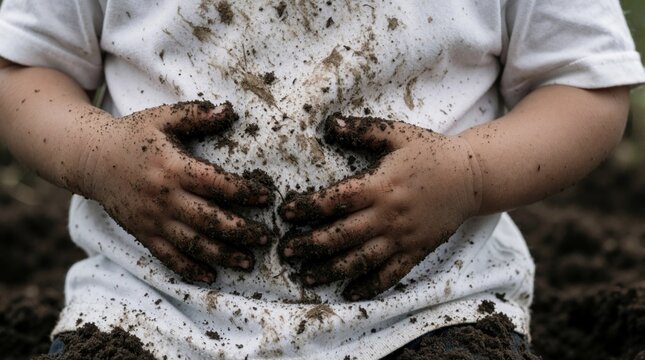 Messy toddler hands covered in dark mud playing in garden dirt. Young child wears dirty white t-shirt exploring nature outdoors. Little kid enjoys sensory play with earth, soil in backyard during