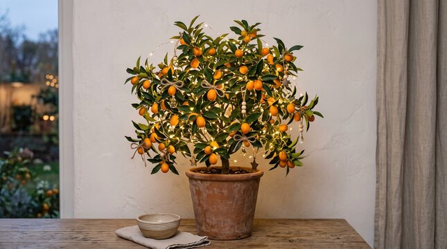 Potted Kumquat Tree Decorated with Twinkling Lights and Ornaments for Festive Holiday Display