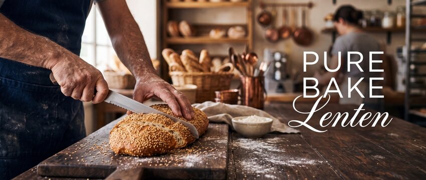 Baker cutting fresh seeded bread on a rustic wooden board in a traditional artisan bakery surrounded by flour dust and copper cookware, portraying authentic craftsmanship and handmade food preparation
