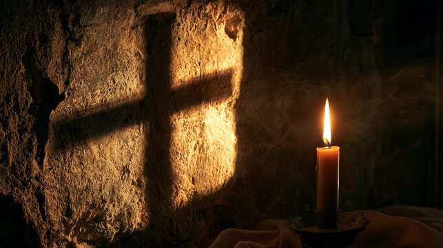 Ancient stone wall illuminated by a single flickering candle, casting shadows, representing faith, hope, and spiritual solace