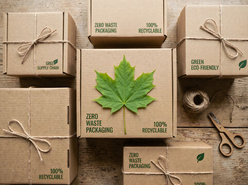 Eco friendly cardboard boxes with green leaf logo for zero waste packaging on a wooden table surface
