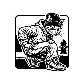 Cool street cat wearing beanie and hoodie crouching in bboy stance vector illustration