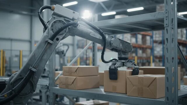 Tracking shot of robotic arm picking and placing cardboard boxes on warehouse shelves in industrial fulfillment facility