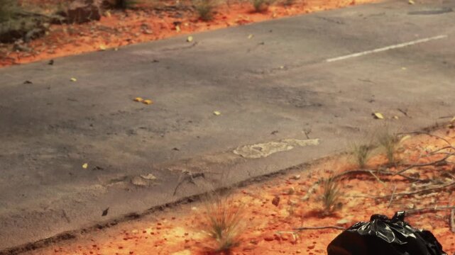 A dusty road cuts through a vibrant landscape filled with red earth and sparse grasses. The scene captures the unique beauty of Australias outback under the warm sun.