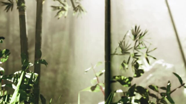Soft beams of sunlight penetrate the lush greenery of a serene forest. Tall bamboo stalks rise high, creating a peaceful atmosphere filled with gentle rustling leaves.