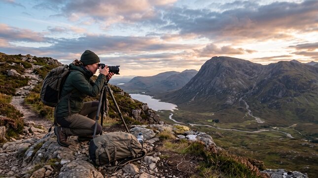 Photographer captures stunning mountain landscape at sunrise with camera on tripod overlooking a lake