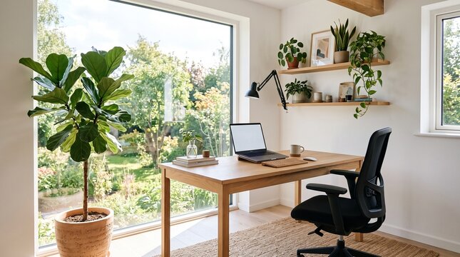 Modern Home Office with Large Window Overlooking Lush Green Garden and Fiddle Leaf Fig Plant