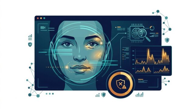 A digital system displays facial recognition analysis and security metrics to enhance identity verification processes against fraud
