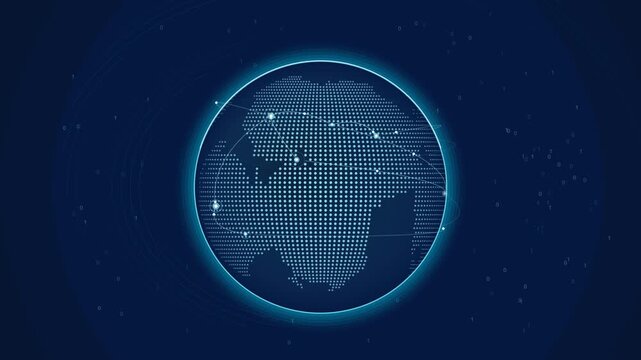 Rotating digital globe with global network connections and data stream background, for tech and business